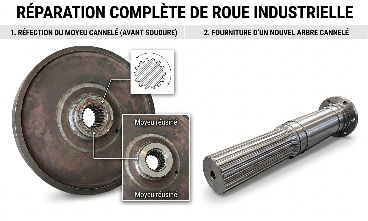 Réparation d'un roue et réfection d'un arbre cannelé